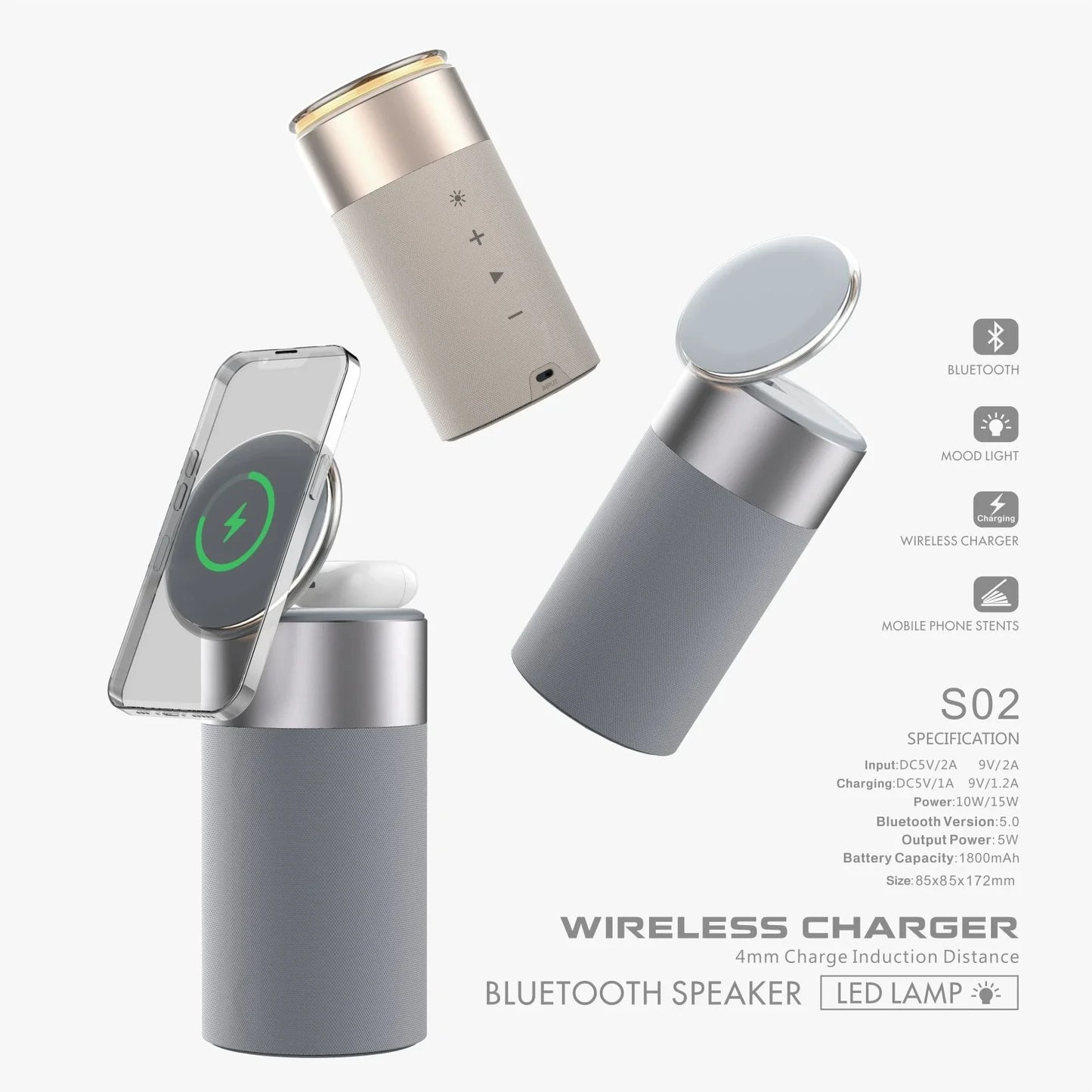 A 3-in-1 device that wirelessly charges iPhones and AirPods, plays Bluetooth audio, and has a touch-sensitive lamp