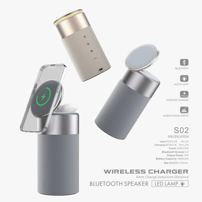 A 3-in-1 device that wirelessly charges iPhones and AirPods, plays Bluetooth audio, and has a touch-sensitive lamp