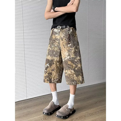 Yellow snake pattern tooling camouflage cropped jeans with 100% cotton denim, shown in sizes S to 3XL