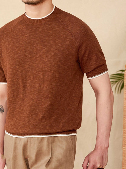 Brown linen-cotton blend casual T-shirt with round neck and short sleeves on a hanger