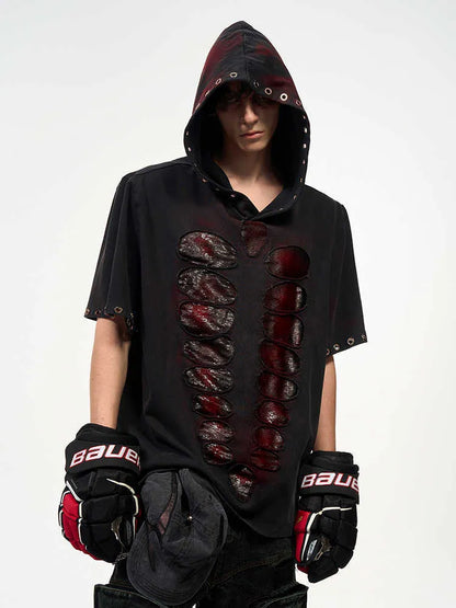 Black hooded short-sleeved men's T-shirt with sequin detailing on a loose fit.