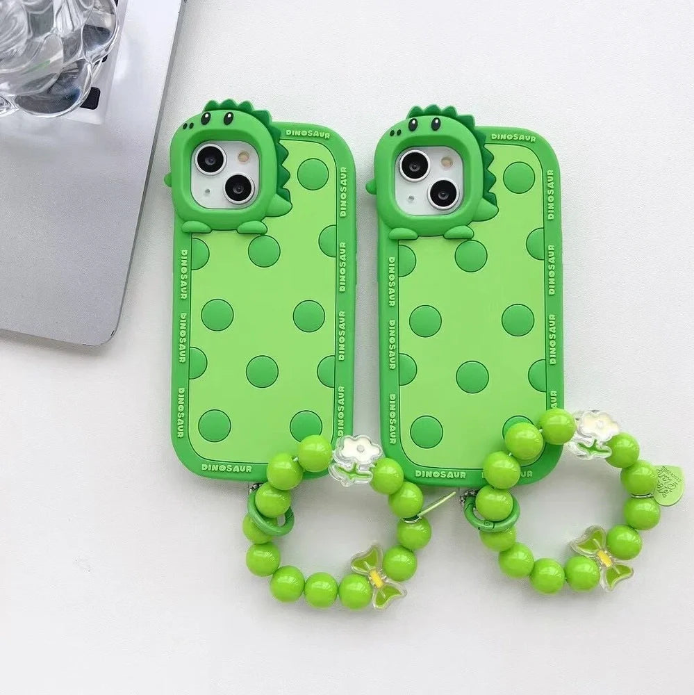 Green polka dot dinosaur pattern silicone phone case for iPhone with raised protective edges