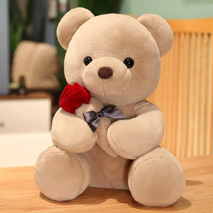Rose bear plush stuffed animal pillow in beige, brown, or grey colours with soft short plush material