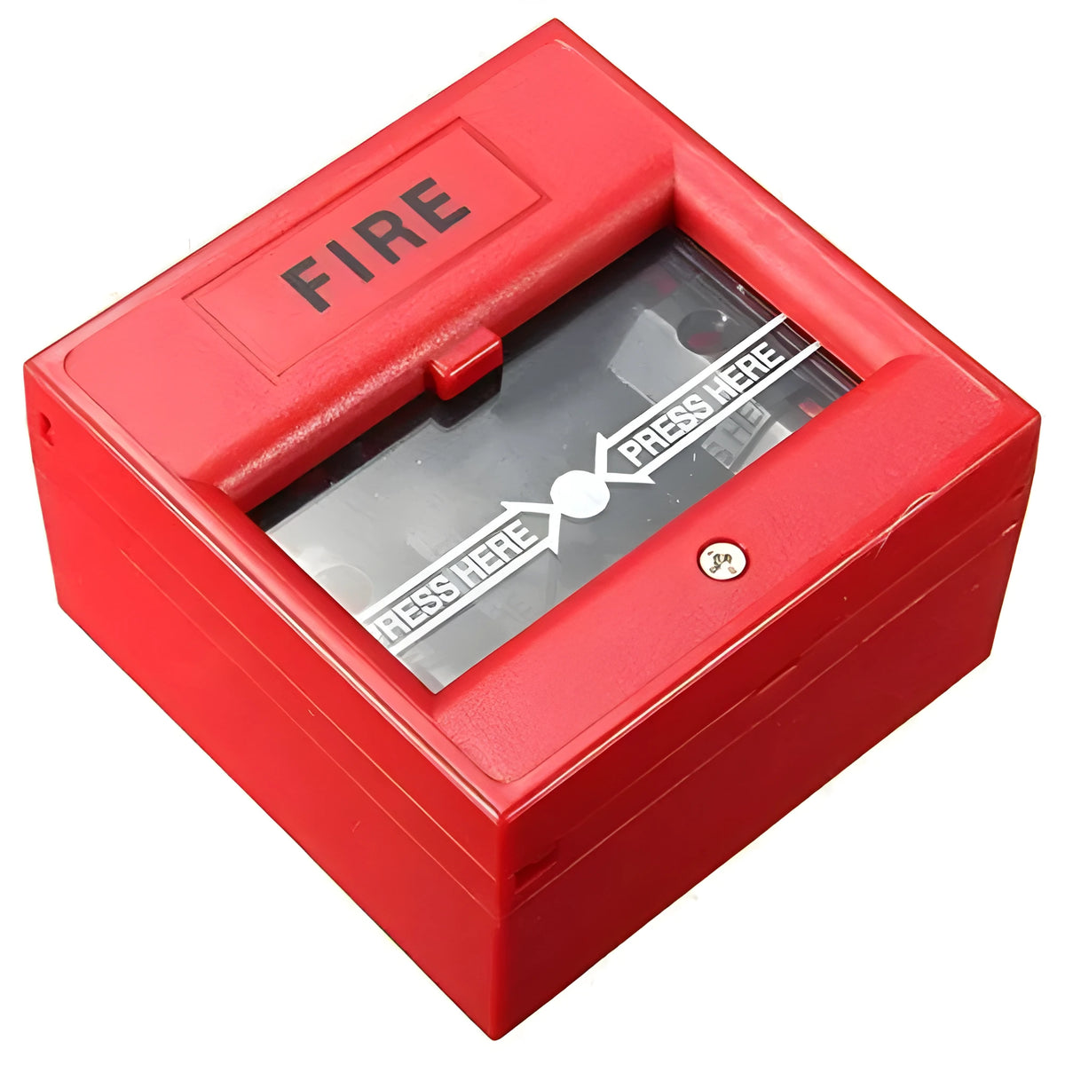 Red 24VDC wired emergency fire alarm button with hand breaking glass and fireproof material construction.