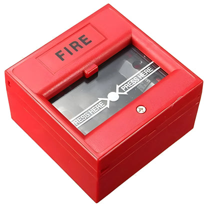 Red 24VDC wired emergency fire alarm button with hand breaking glass and fireproof material construction.