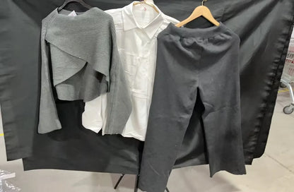 Women's 3-piece knitted sweater suit with shirt and wide-leg pants in grey and white