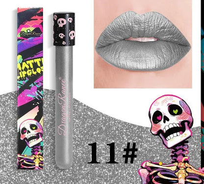 Halloween creative makeup lip gloss in test tube skull container with retro matte gold silver finish