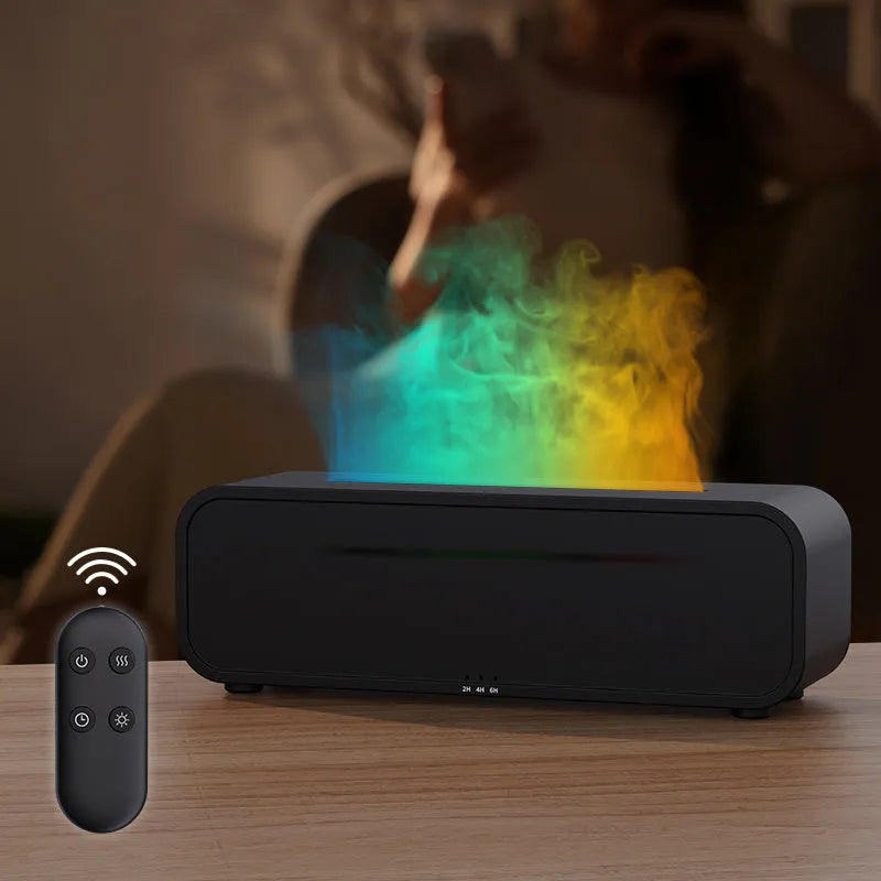 Black and white USB aroma diffuser with remote control showing flame dynamic and colour-changing light effects.