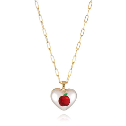 Geometric fruit heart pendant necklace on an adjustable chain, showing strawberry, pineapple, apple, pear, and cherry design options.