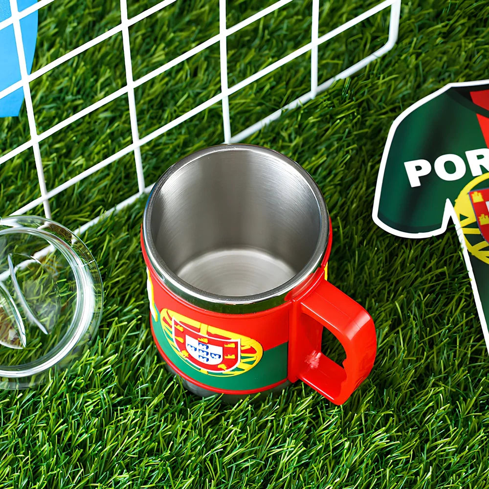 World Cup football mug with 7.6cm diameter and 10.5cm height in team colours