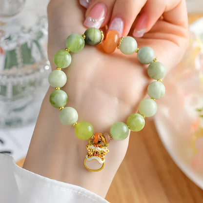 Green milk-in-water Xingshi jade pendant bracelet with 10mm geometric beads in retro women's jewellery style