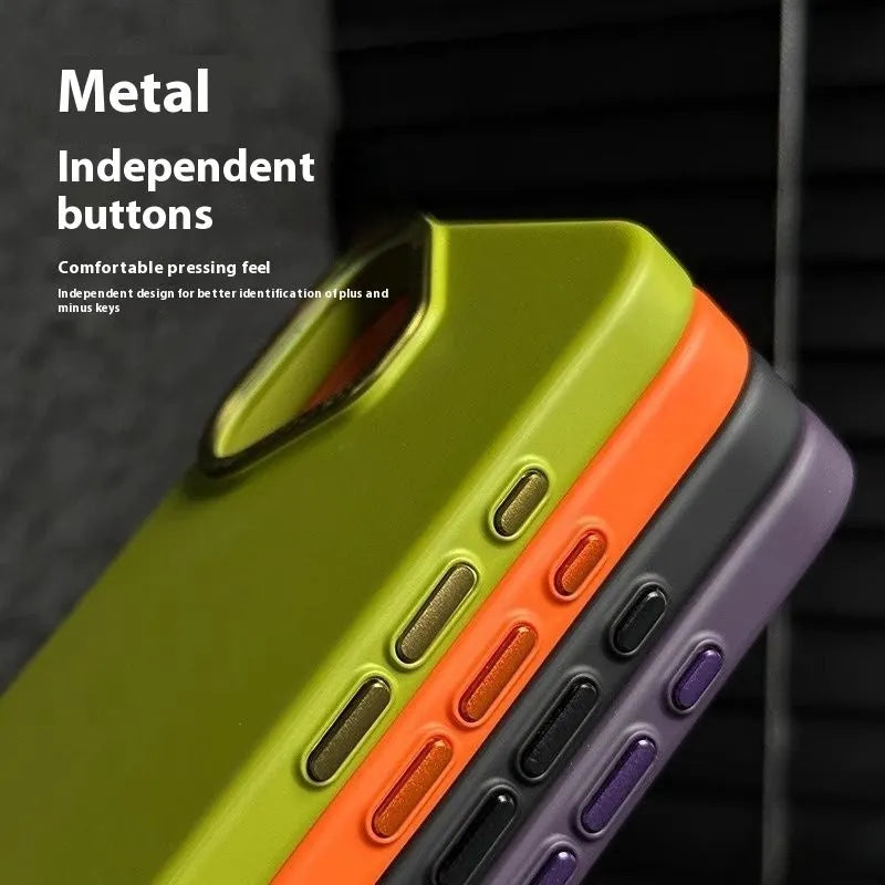 Ultra-thin frosted phone case with metal buttons and large metal hole in black for iPhone 14