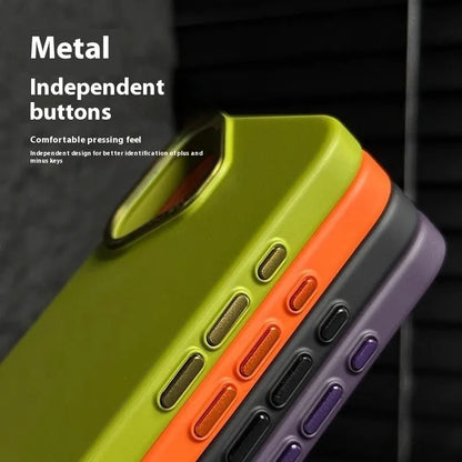 Ultra-thin frosted phone case with metal buttons and large metal hole in black for iPhone 14