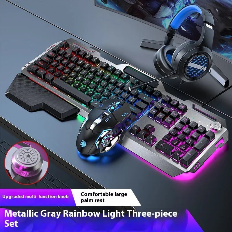 Aluminium alloy mechanical gaming keyboard with rainbow lighting, shown with a macro mouse and gaming headset.