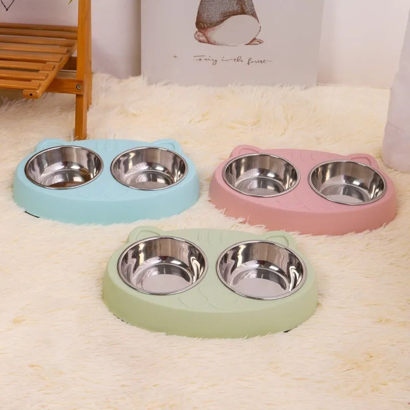 Stainless steel cat face bowl for cats in blue, green, or pink, single pet tableware bowl