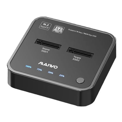 MAIWO K3016 M.2 SSD docking station with two drive bays, copy button, USB-C port, and included cables and power adapter on a desk.