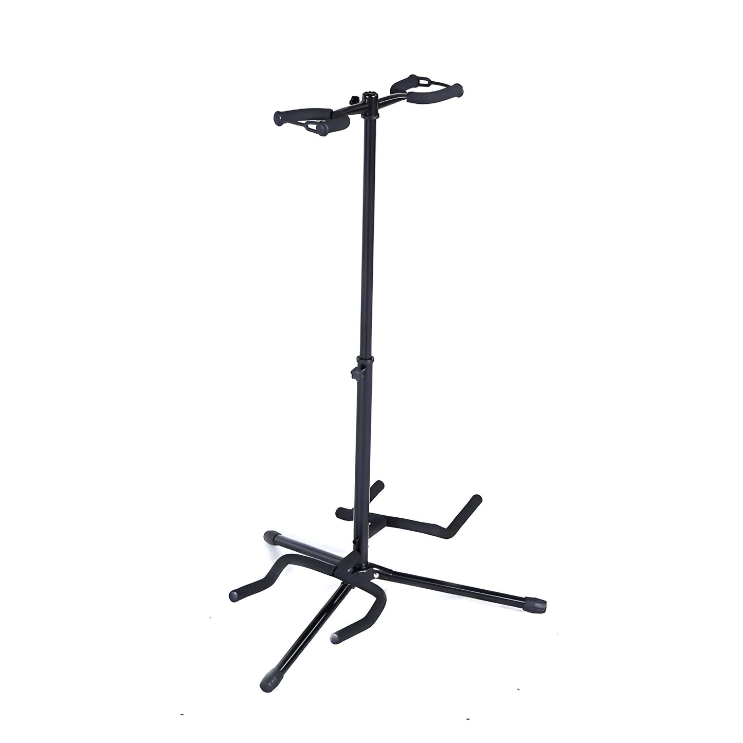 Black vertical double-headed adjustable guitar stand with protective rubber coating