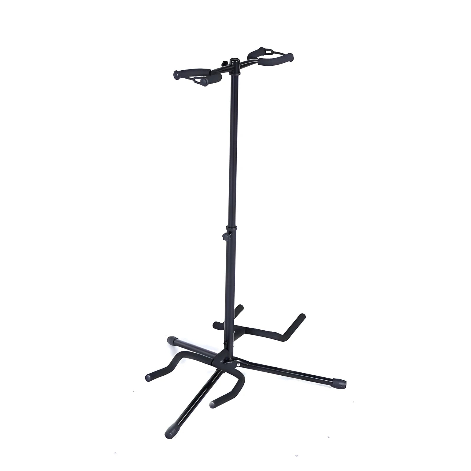 Black vertical double-headed adjustable guitar stand with protective rubber coating
