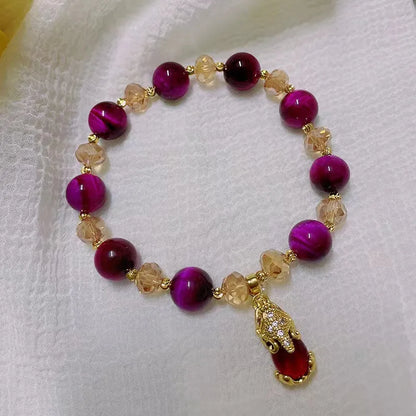 Handcrafted Tigereye stone bracelet with choice of single or double chain in green or rose red colours