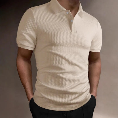 Men's striped loose fit polo shirt with short sleeves and asymmetric design detail in light blue.