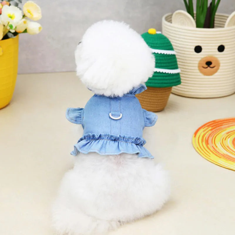Blue denim pet dress with ruffles and back harness hook for dogs and cats