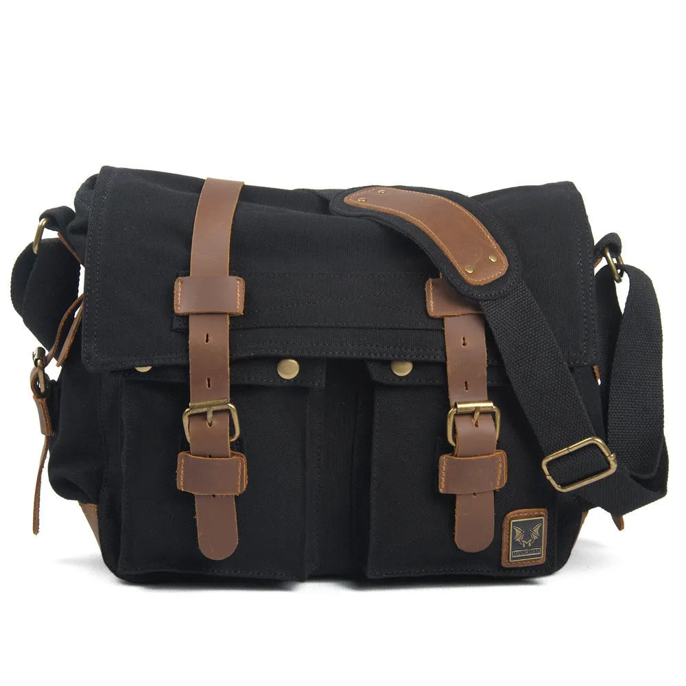 Men's canvas crossbody shoulder bag with cowhide accents and flap closure in retro postman style