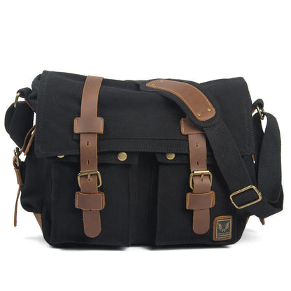 Men's canvas crossbody shoulder bag with cowhide accents and flap closure in retro postman style