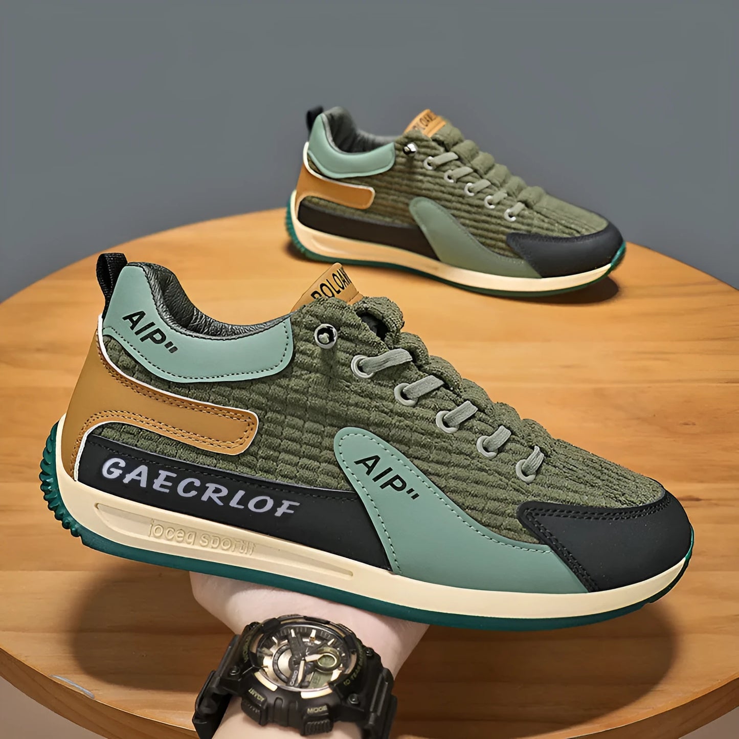 Men's green and grey mesh running shoes with round toe and lace-up closure