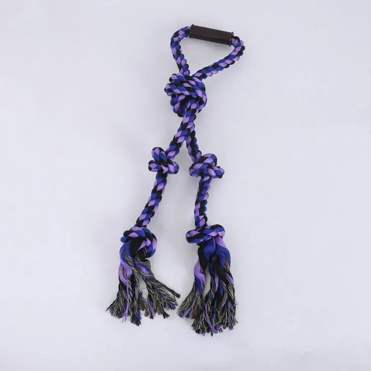 Blue and yellow cotton rope dog toy with non-slip handle for aggressive chewers