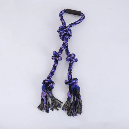 Blue and yellow cotton rope dog toy with non-slip handle for aggressive chewers