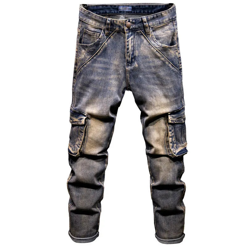 Men's high-waisted loose denim trousers with multiple pockets showing straight leg opening