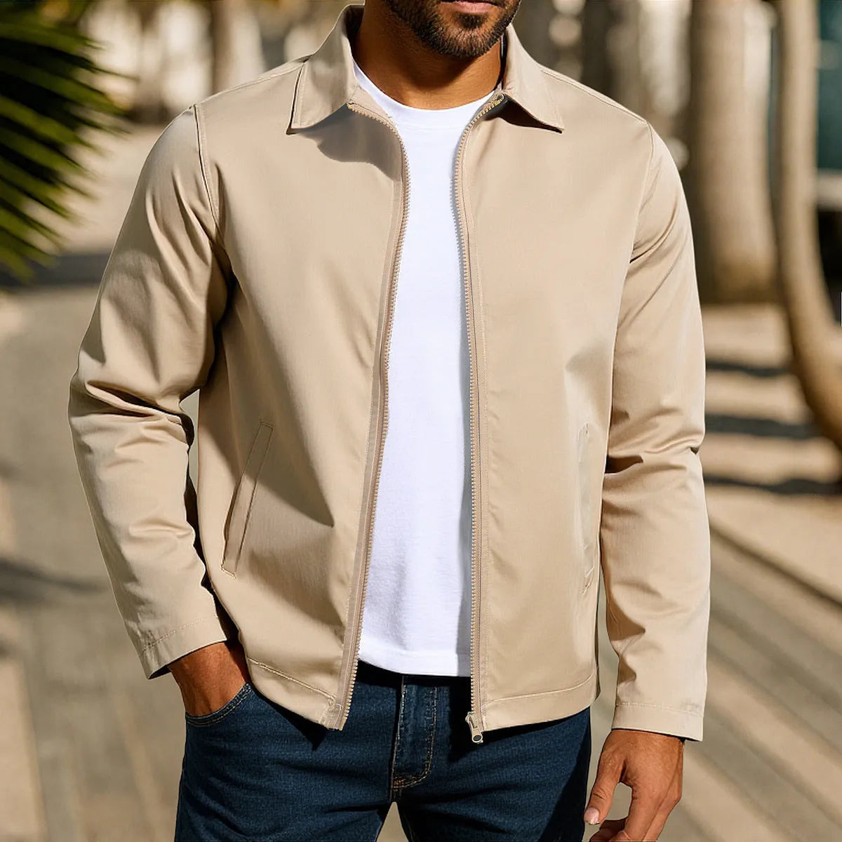 Men's green zip-up cardigan jacket with raglan sleeves on a hanger.