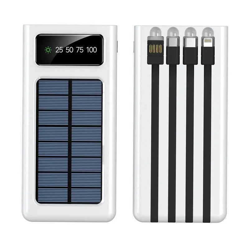 Black solar power bank with built-in charging cable showing solar panel and 20000mAh capacity label