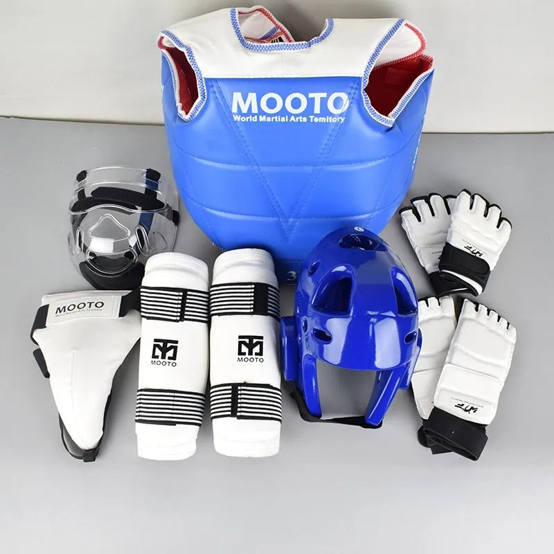 Taekwondo protective gear set in red or blue with four to eight pieces and sizes from 110cm to 190cm