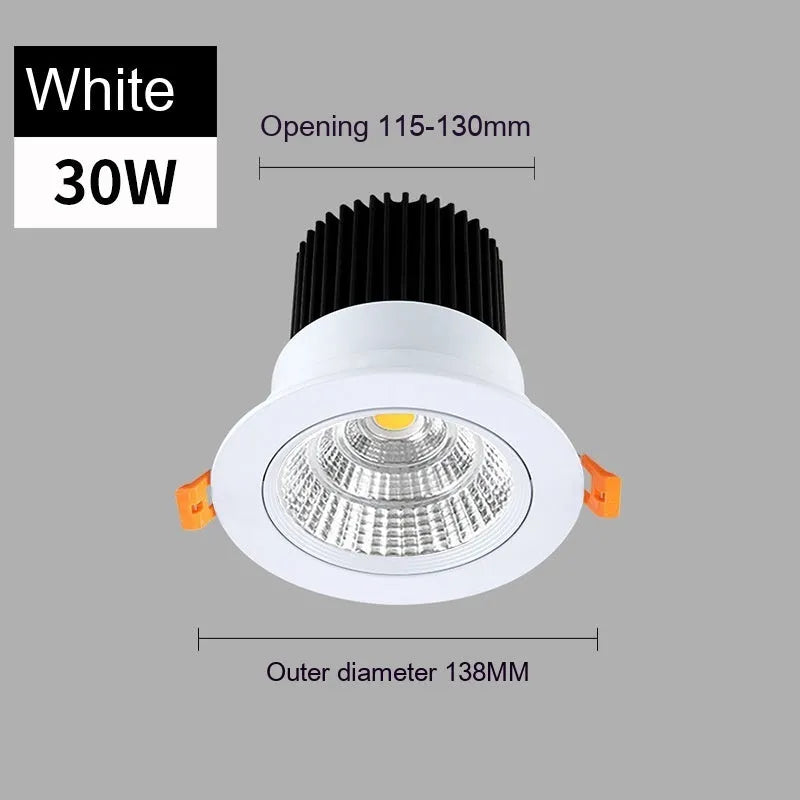 Modern aluminium recessed LED ceiling spotlight with three colour temperature settings shown installed.