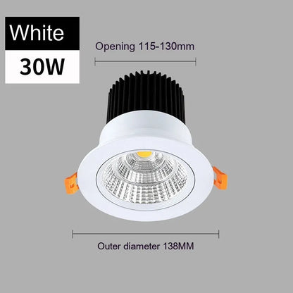 Modern aluminium recessed LED ceiling spotlight with three colour temperature settings shown installed.