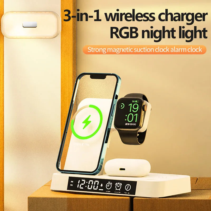 White 4-in-1 wireless charger station with foldable stand, alarm clock display, and Apple Watch charger