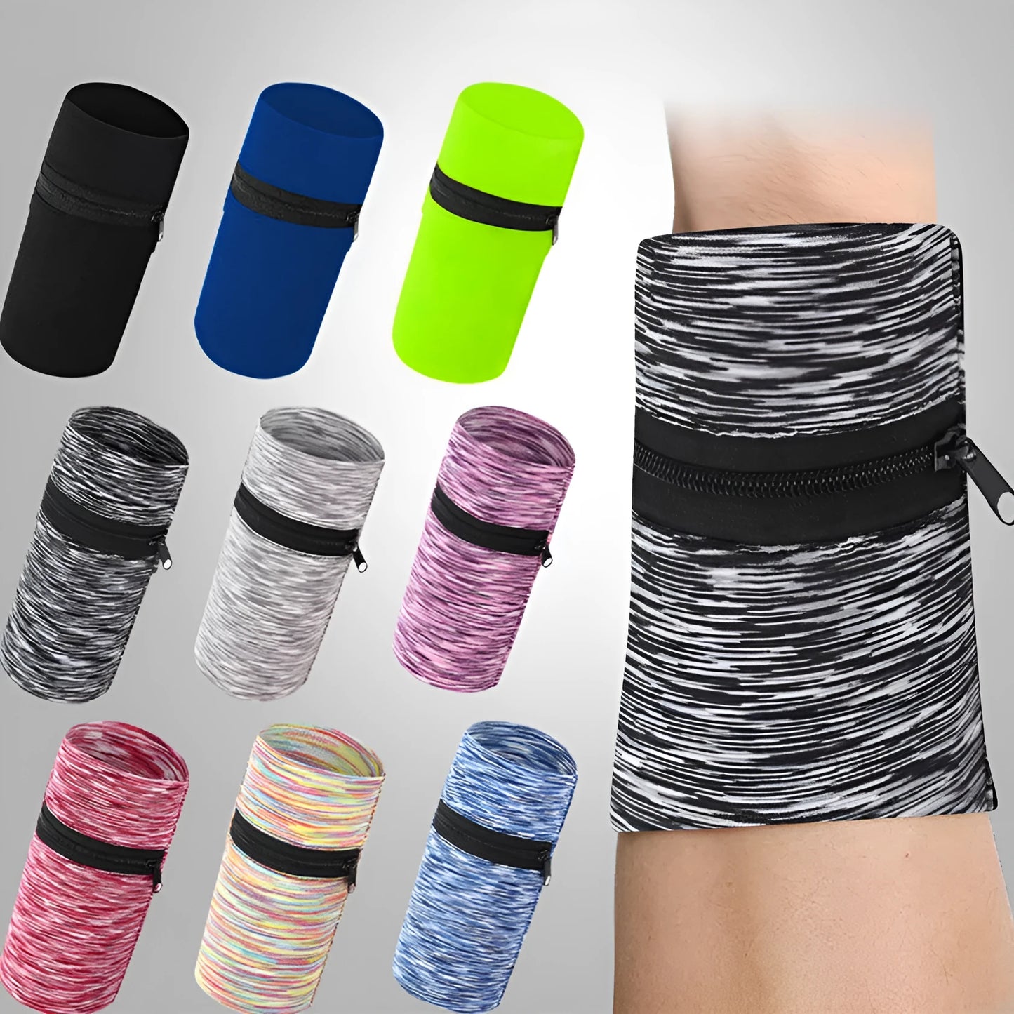 Adjustable large capacity sports arm bag for phones in multiple colours including fluorescent green and striped designs