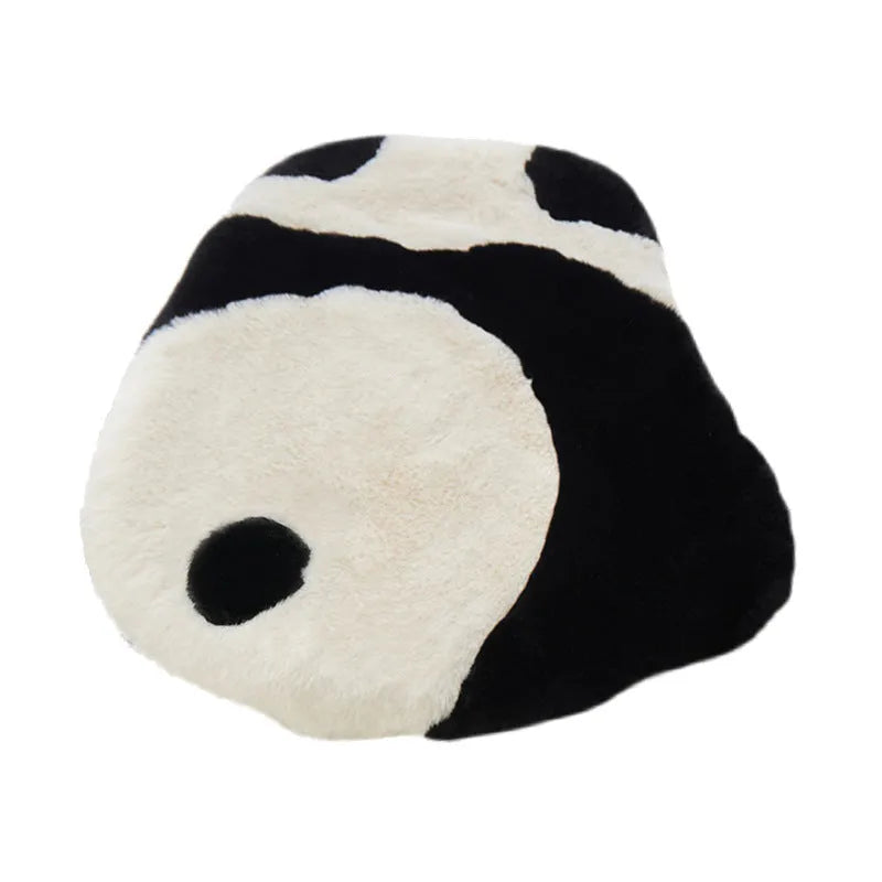 Cartoon panda design plush lumbar support cushion for car seats on a grey background.