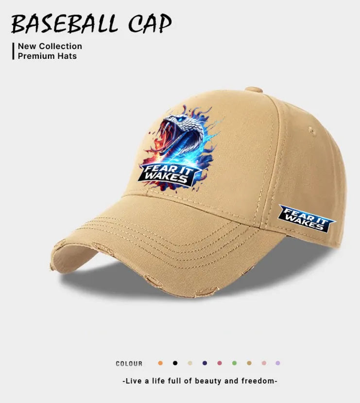 Men's casual baseball cap in European and American style featuring adjustable fit, available in beige, black, and blue colours, made from durable polyester fabric for everyday wear