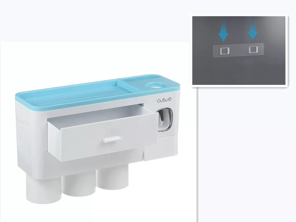 Non-marking hanging magnetic toothbrush holder with toothpaste squeezer and quick-drying cups