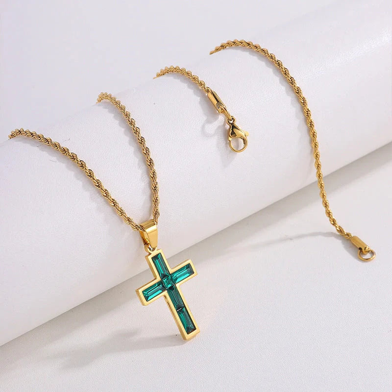 Elegant European and American-inspired diamond cross necklace with unique geometric design and vibrant, fade-resistant finish
