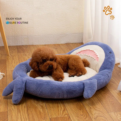 Blue shark pattern velvet pet bed cushion for small dog on wooden floor