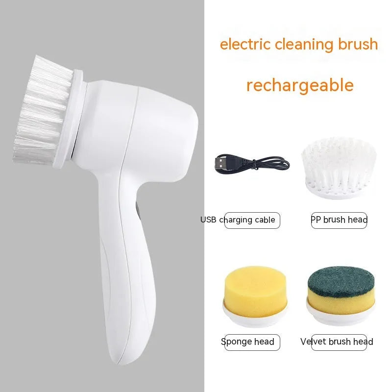 White cordless electric spin scrubber with multiple brush heads on a bathroom tile.