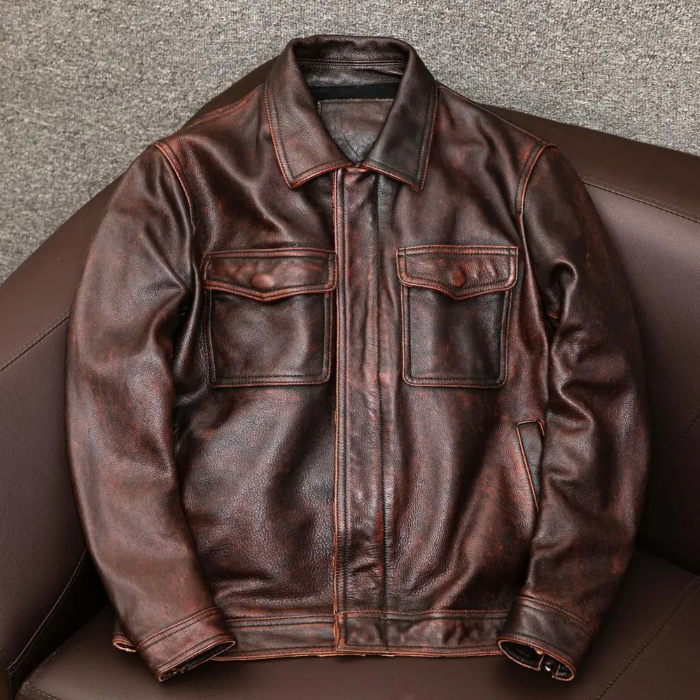 Retro Kaji style black PU leather jacket with lapel, loose fit, on a middle-aged male model.