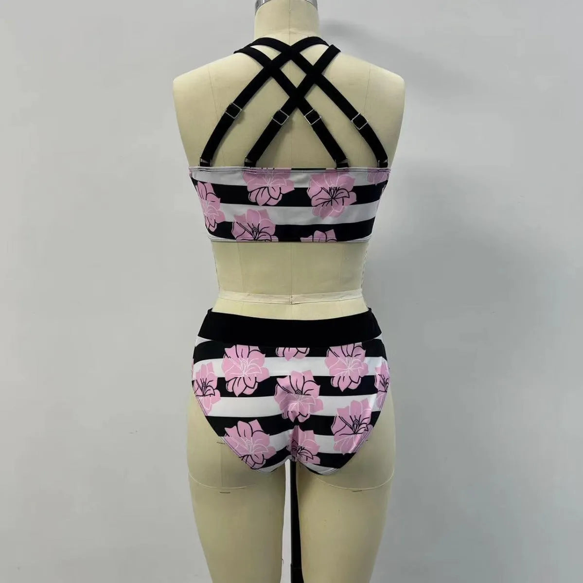 Black women's printed bikini with belly covered slimming design for swimming