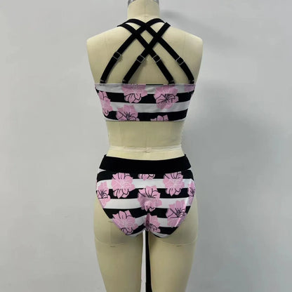 Black women's printed bikini with belly covered slimming design for swimming