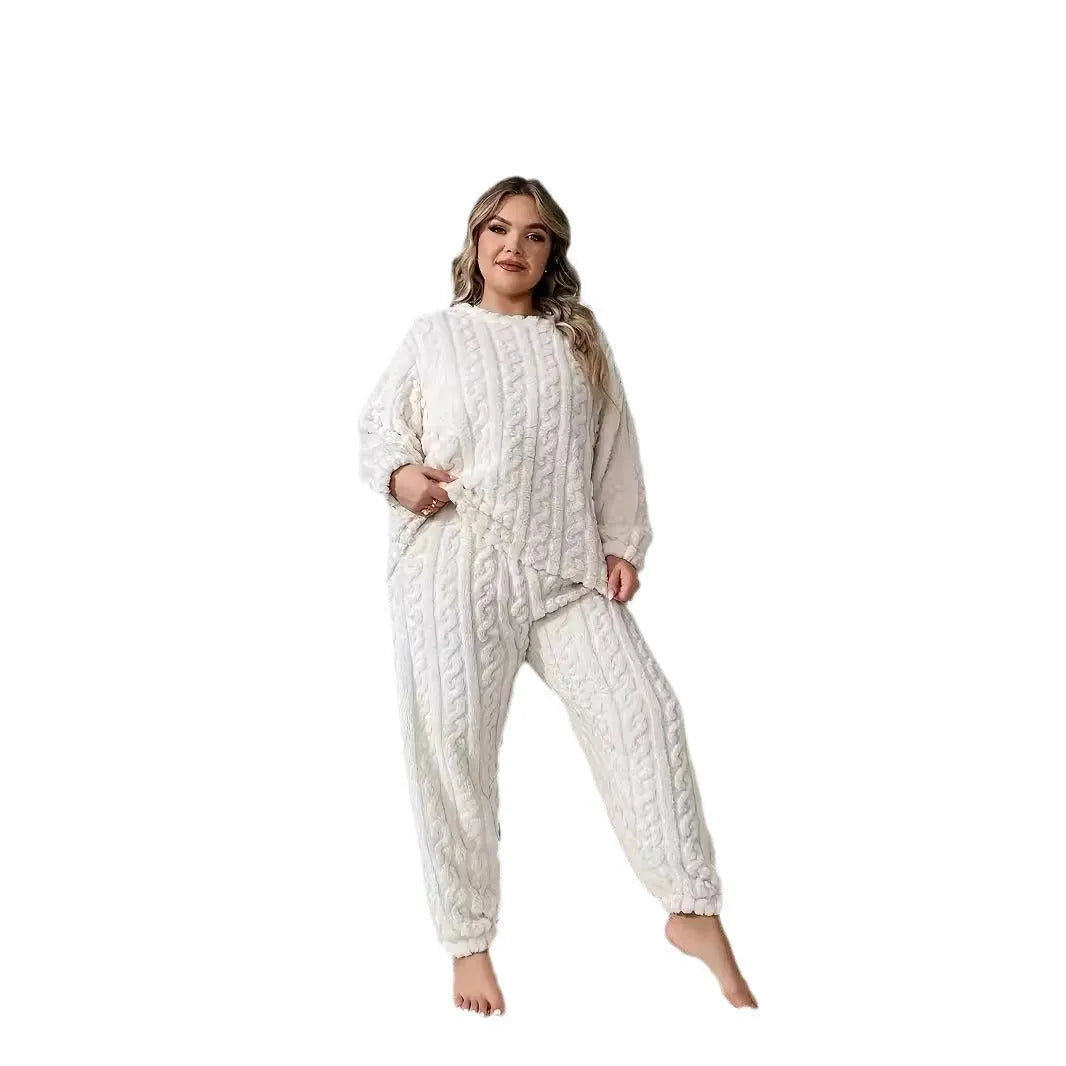 Women's creamy white polyester two-piece casual set with long sleeve crew neck top and matching trousers