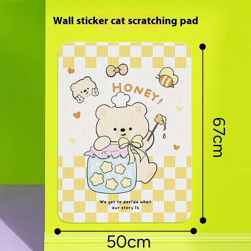 Vertical cat scratch board with cartoon fleece design mounted on wall for dogs and cats