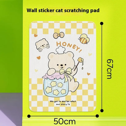 Vertical cat scratch board with cartoon fleece design mounted on wall for dogs and cats
